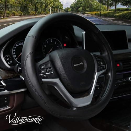 Valleycomfy Microfiber Leather Steering Wheel Cover Universal 15 inch Black