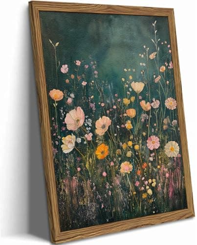 Dark Green Wildflower Wall Art Vintage Moody Botanical Wall Decor Painting Cottagecore Floral Plant Artwork 3D Textured Sandstone for Living Room Bedroom 16x24 inch Wood Framed