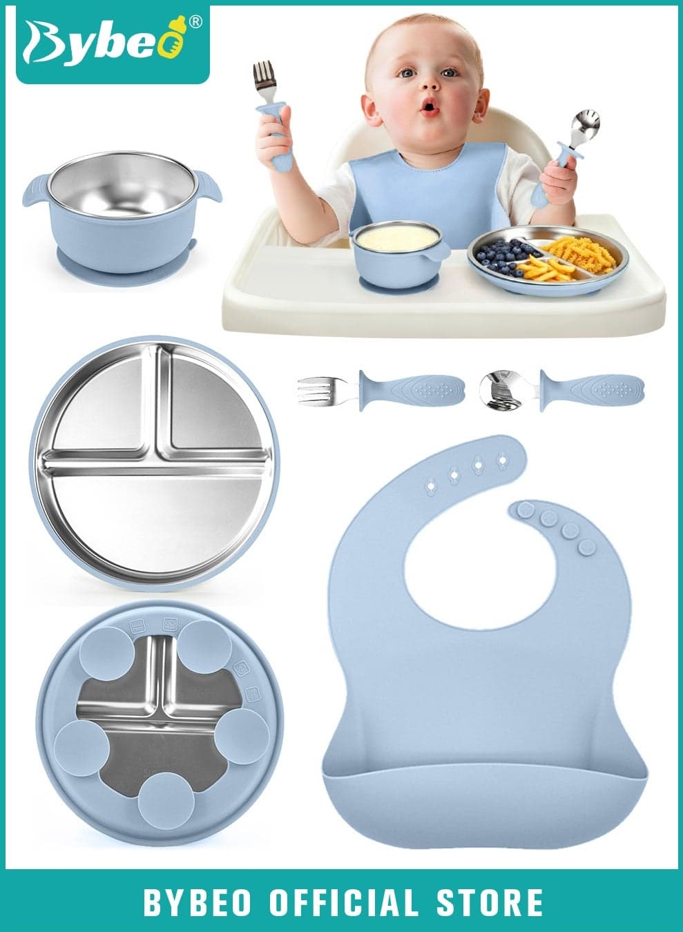 5 PCS Baby Feeding Set,Stainless Steel Suction Plates and Bowls with Silicone Fork and Spoon Utensils,Infant Feeding Supplies,Baby Led Weaning Set for Newborns,Toddlers