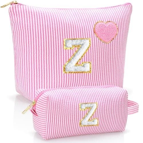 YILANCOL Initial Makeup Bag Personalized Preppy Cosmetic Bag Trendy Toiletry Travel Bag For Teen Girls Kids Women Letter Makeup Pouch Purse Holiday Gifts Birthday Gifts 2pack Z Pink