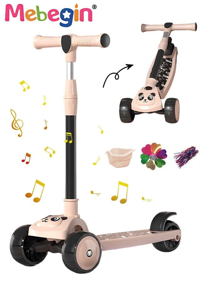 Foldable 3 Wheel Scooter with Windmill and Car Basket, Non-Slip Scooter with Light and Music, Kids Kick Scooter, Adjustable Height, Extra-wide Deck for Stability, No Installation Required