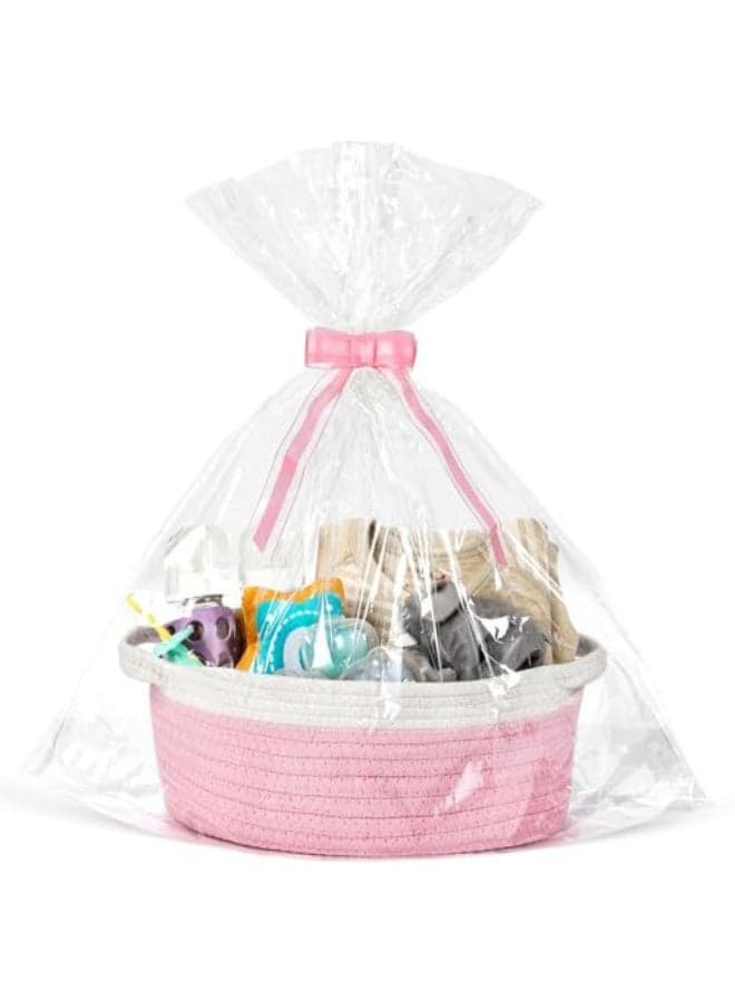 1Piece Hand-Woven Cotton Rope Storage Baskets With Handles, Decorative Toy Organizer Bins, Woven Gift Baskets For Baby Shower & Housewarming, Includes Gift Bag & Ribbon, Pink