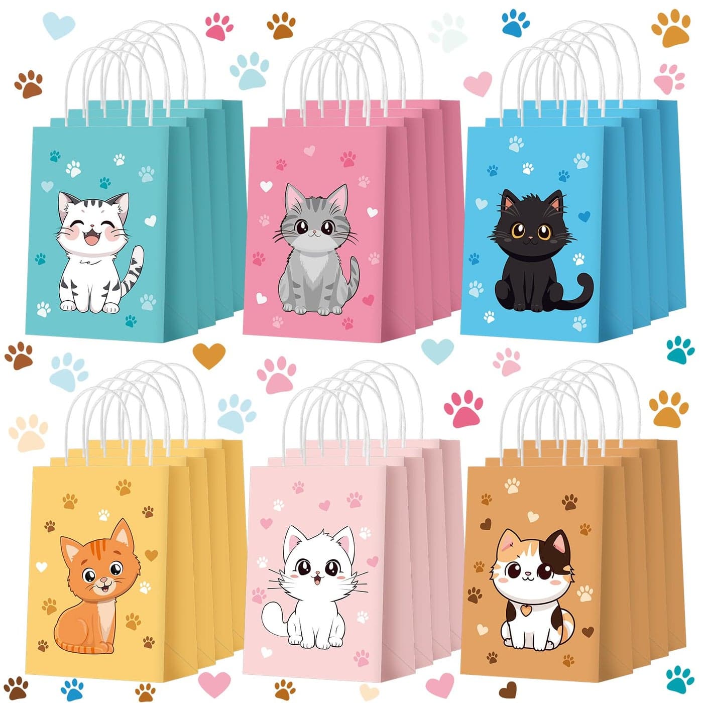Zhanmai 24 Pcs Cat Goodie Bags Cat Party Favors Cute Kitty Gifts Candy Treat Paper Bags with Handles for Kids Birthday kitten Party Decoration Supplies for Pet Adoption