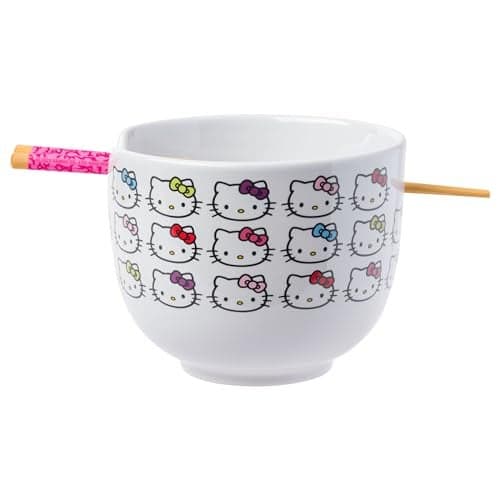 Silver Buffalo Sanrio Hello Kitty Face with Different Color Bows Pattern Ceramic Ramen Noodle Rice Bowl with Chopsticks, Microwave Safe, 20 Ounces