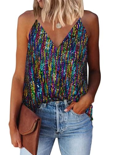 miduo Womens Tanks Tops Fashion Sparkle Sequin Tops V Neck Halter Camisole Shirts Sequin Glitter Sleeveless Blouses Tops Tanks Tops Multicolor M