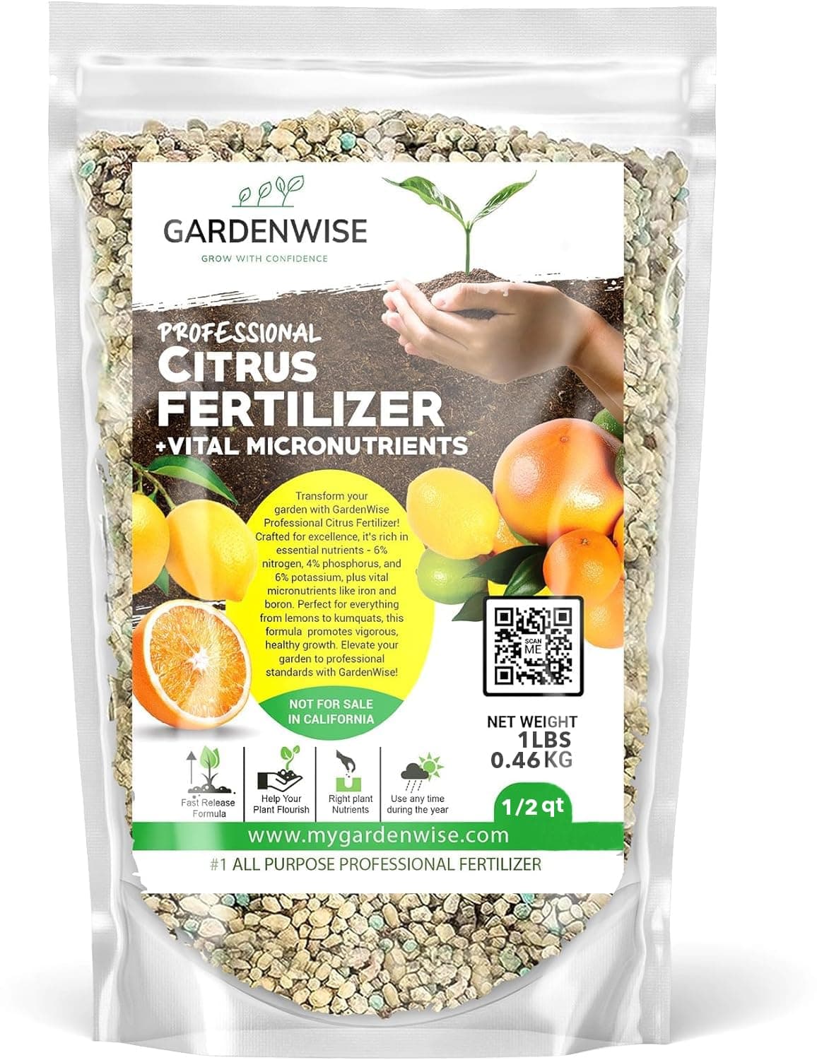 GARDENWISE Professional Citrus Fertilizer + Vital Micronutrients; Perfect Balanced NPK for All Citrus; for Indoor and Outdoor Plants; Orange, Lime, Avocado and Lemon Tree Fertilizer (1/2 Quart)
