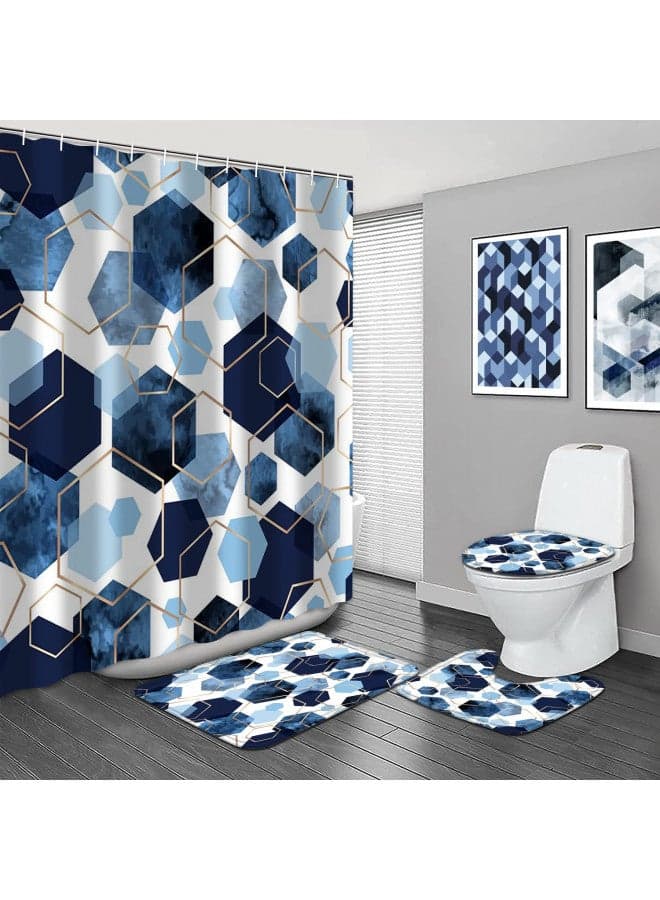 LQCOOL 4Pcs Blue Bathroom Set Geometric Shower Curtain Set Modern Art Navy Blue Abstract Bathroom Curtain Set with 12 Hooks, Bathroom Carpet Bath Mat and Toilet Rugs