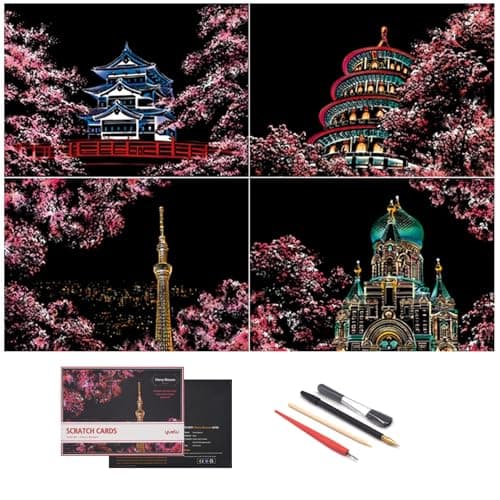 Scratch Painting Rainbow Paper by BOTEEN Scratch Sketch DIY Art Craft City Series Night View Creative Gift Scratchboard for Adults and Kids Craft Kits with 4 Tools A4 4pack