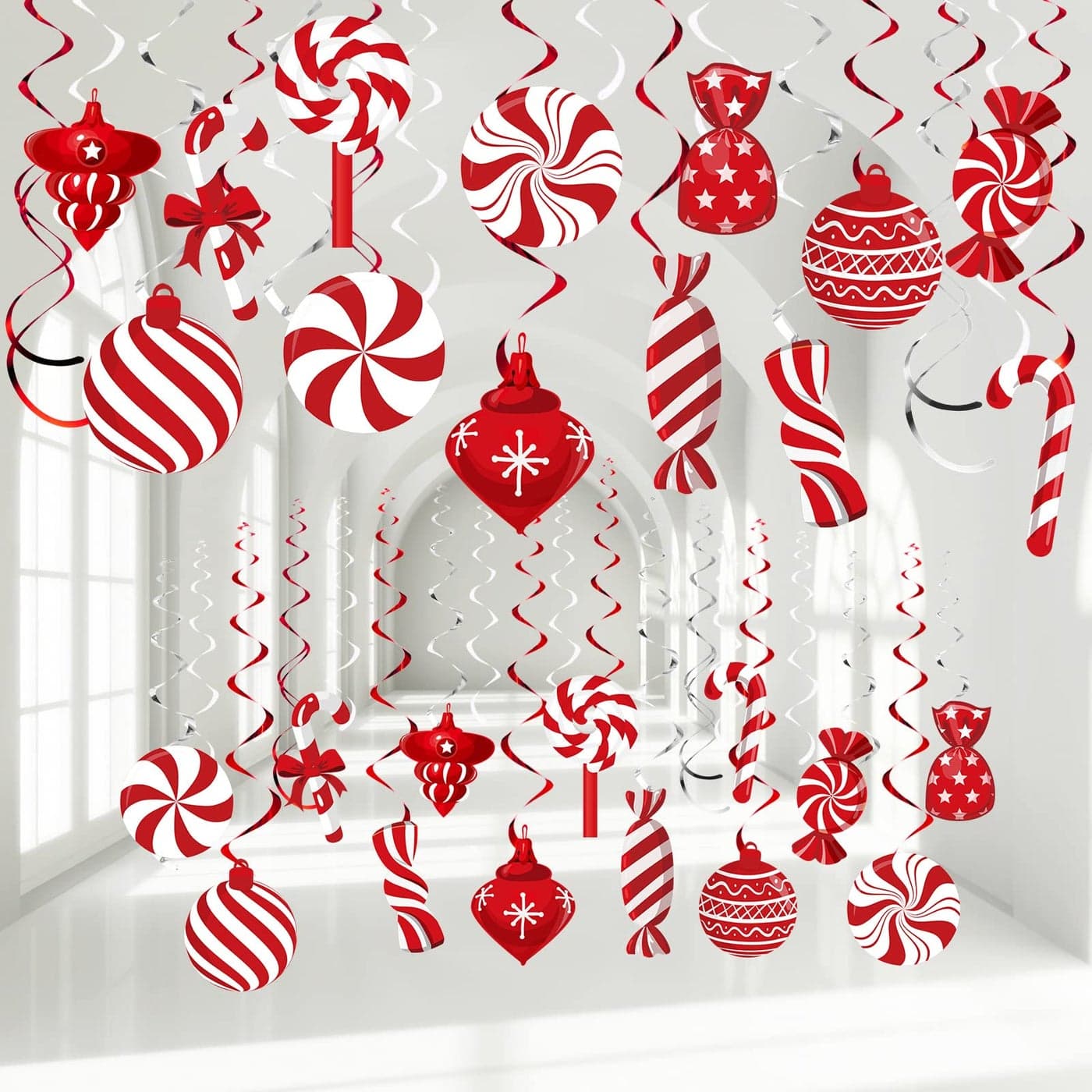 Funrous 56 Pcs Christmas Peppermint Candy Hanging Swirls Decorations Red and White Holiday Party Streamers for Home Winter Holiday Christmas Party DecorRed White