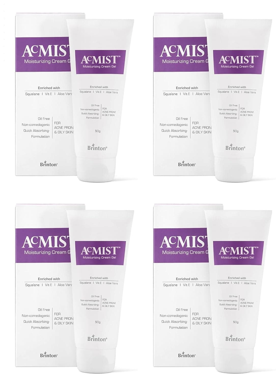Brinton AcMist Vitamin E Aloe Vera Based Moisturizing Cream Gel for Acne Prone and Oily Skin Oil Free Quick Absorbing Lightweight 50 g x Pack of 4