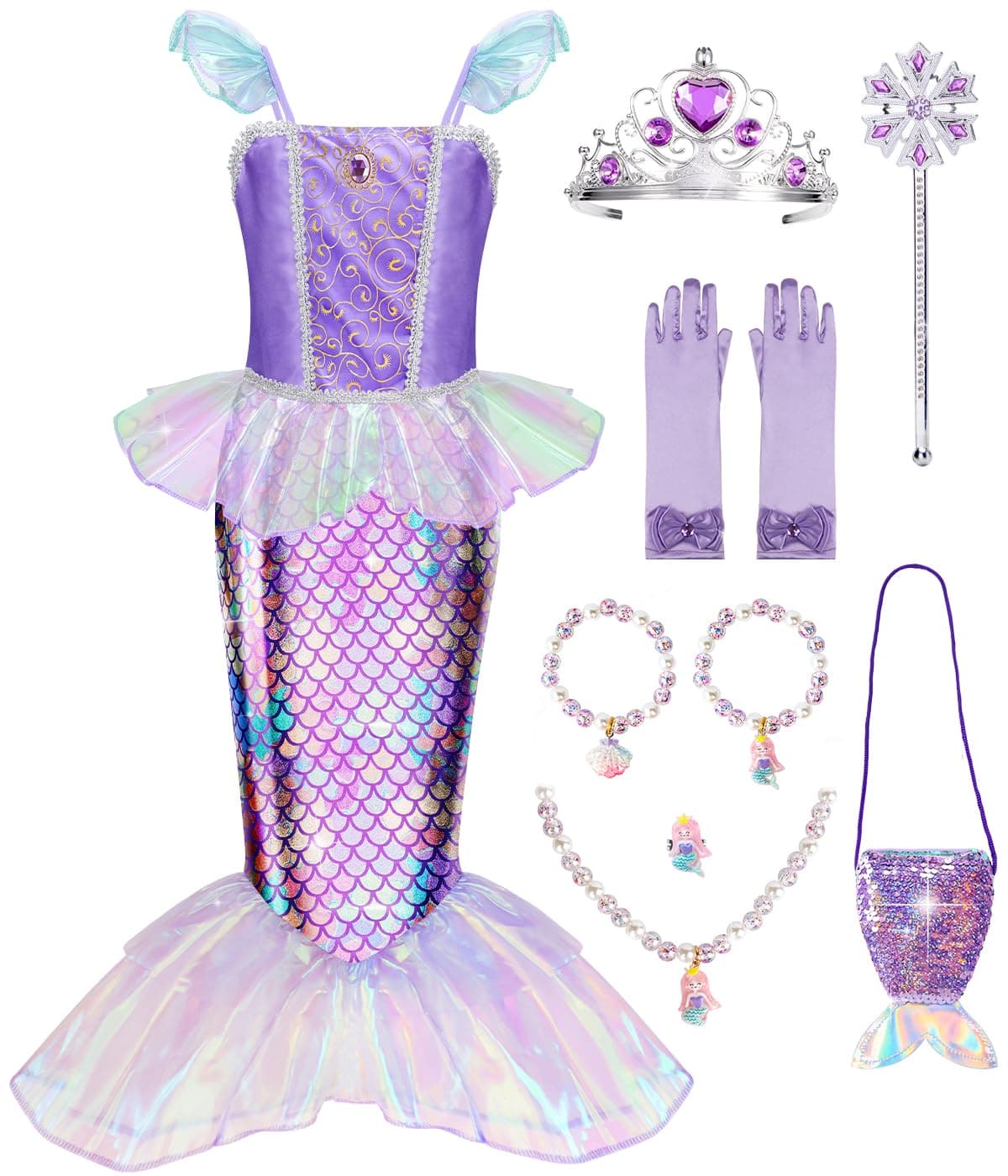 Meland Mermaid Dress - Little Mermaid Costume with Bag for Girls 3-10, Princess Dress Up Clothes for Birthday Gift, Halloween Costume for Toddler Kids 3,4,5,6,7,8,9,10 Years Old
