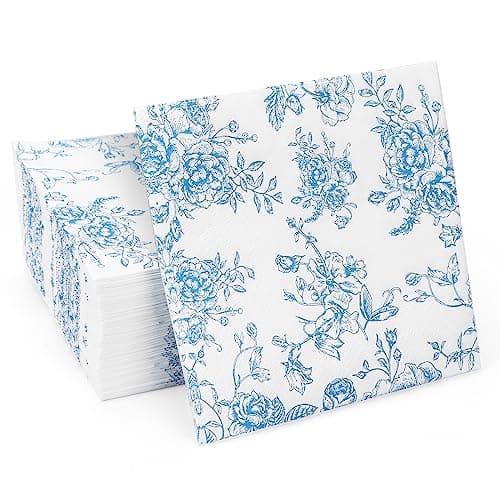 100 Pack Blue Floral Cocktail Napkins, Guest Hand Towels Disposable for Bathroom, Blue Floral Paper Napkins for Bridal and Baby Shower, Tea Party, Garden Party, Birthday Party