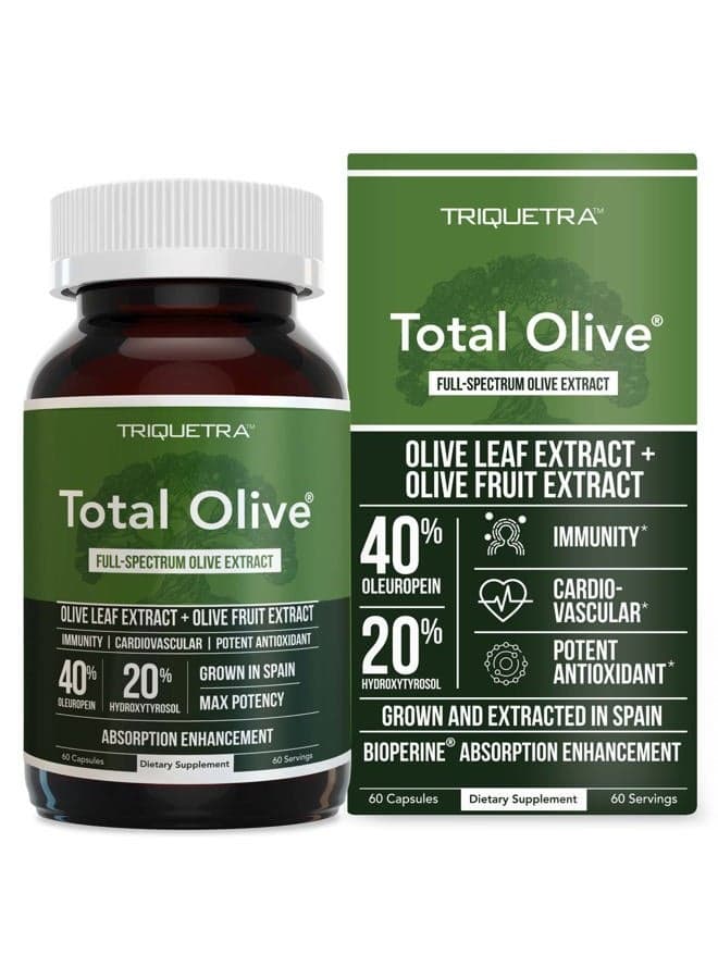 Total Olive® - Olive Leaf Extract (40% Oleuropein) Plus Olive Fruit Extract (20% Hydroxytyrosol) – Full Spectrum Extract Grown & Extracted in Spain – BioPerine Absorption Enhancement (60 Count)