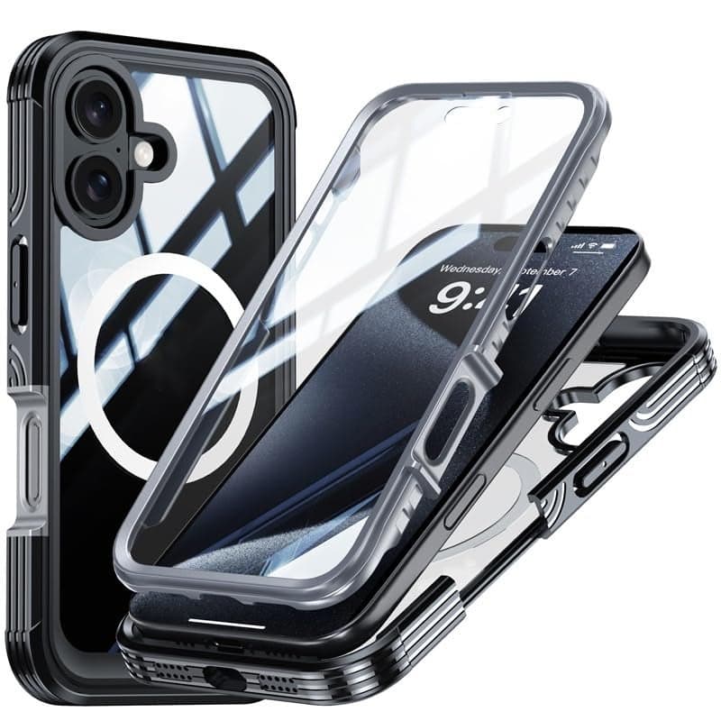 LuxuryKase Shockproof Front & Back Cover for iPhone 16 with Full Body Protection | Strong Grip | Camera & Screen Guard | Wireless Charging Support | Durable TPU+PC Design - Black