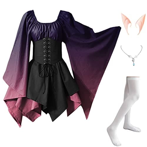 FMMOEK Women's Medieval Renaissance Costume Fairy Irish Victorian Gothic Dress Vintage Cosplay Lace Up Corset Dress (L, purpleblack)