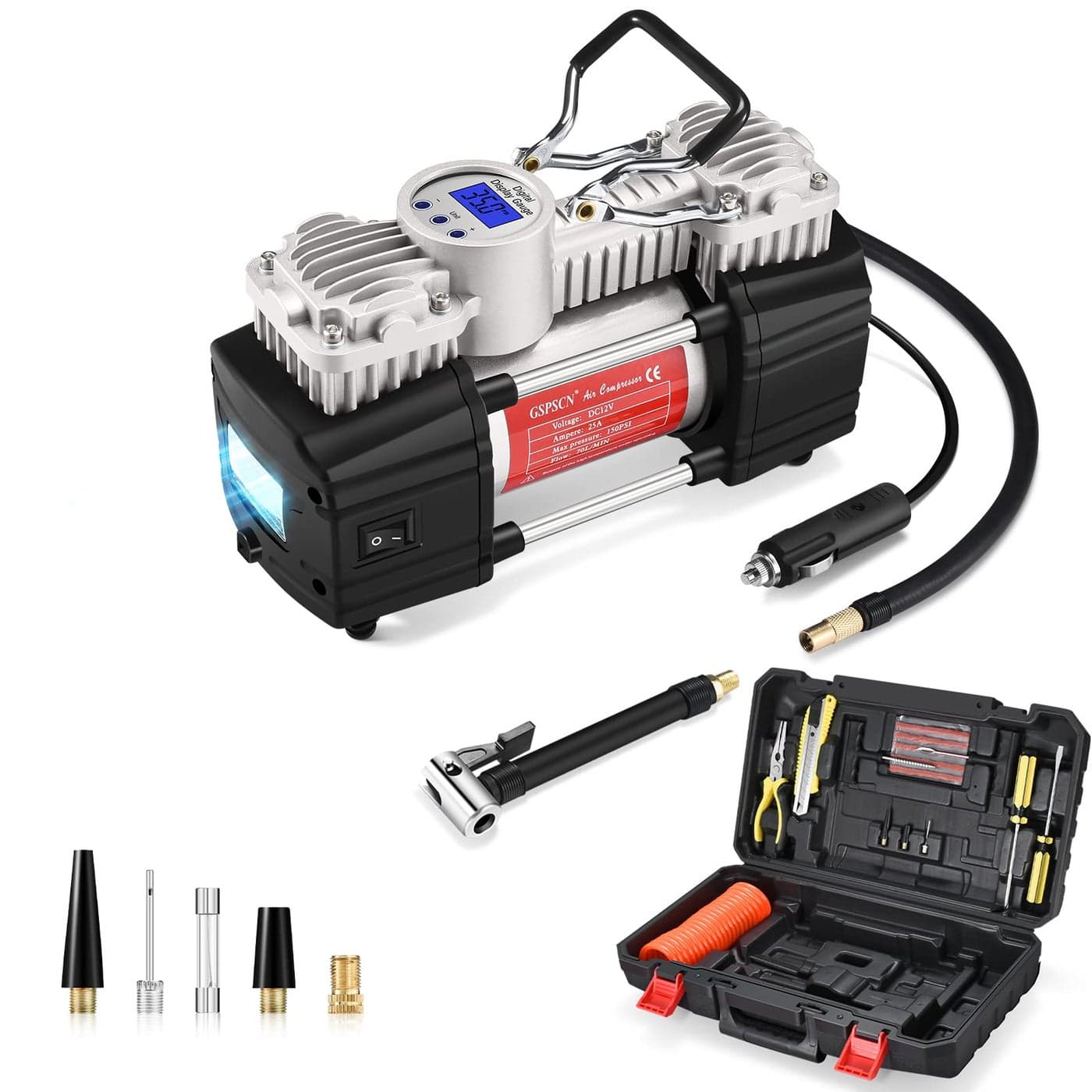 GSPSCN Portable Air Compressor Pump Tire Inflator with Digital Gauge Heavy Duty Double Cylinder 12V Tire Pump 150 PSI with Tire Repair Kit and Toolbox for AutoSUVOffRoadTruckBike