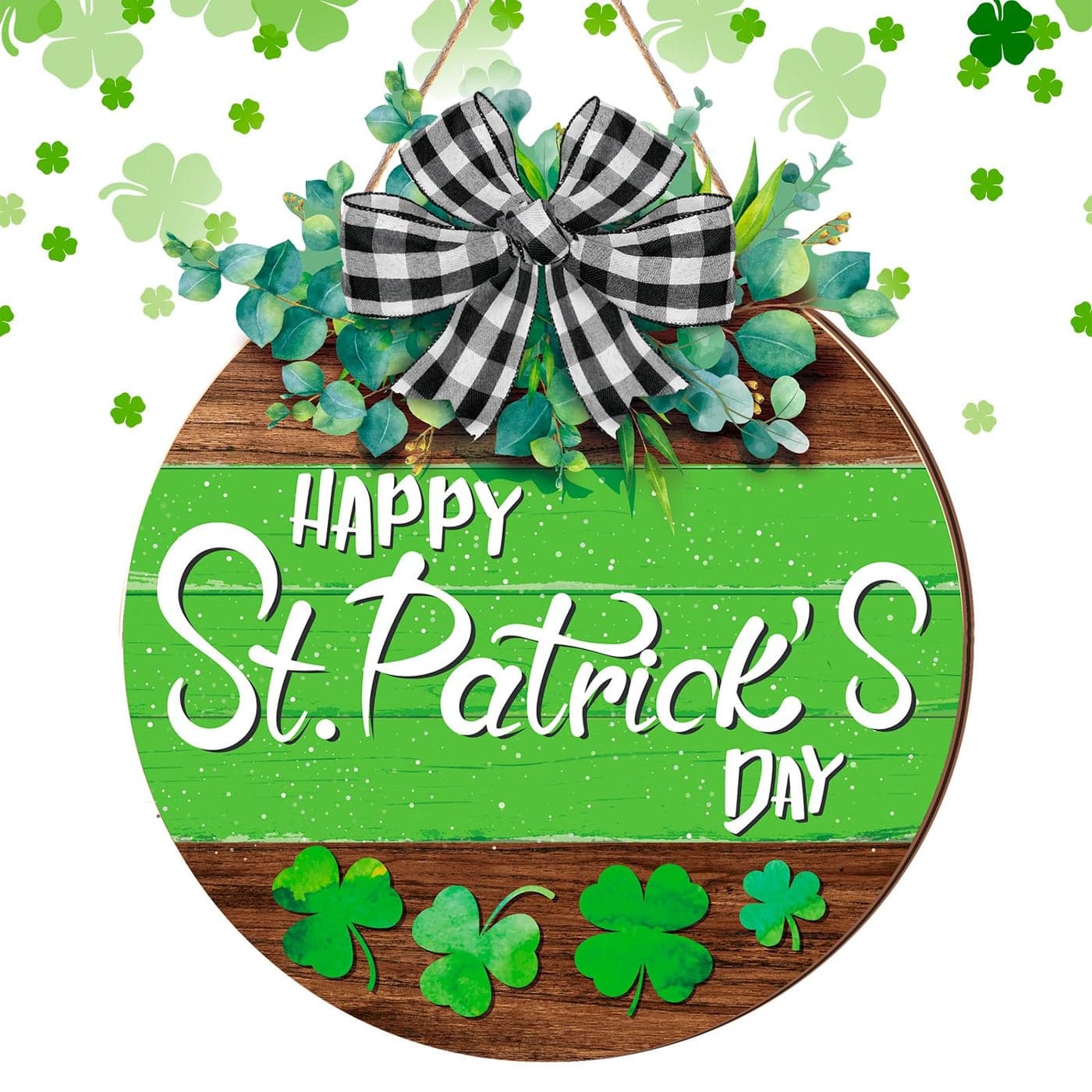 Boao St Patricks Day Shamrock Door Wreath Wooden Hanging Decor Farmhouse Rustic Door Decoration St Patricks Day Wreath Sign with Bow Ornament for Irish Home Indoor Holiday Outdoor Farmhouse Window