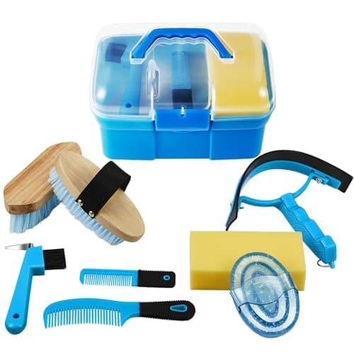 Cunhill 9 Pieces Horse Grooming Kit Tack Room Supplies Set with Organizer Tote Box, Oval Massage Curry, Hard and Soft Brush, Hoof Pick, Sweat Scraper, Bathing Sponge, Combs for Horse Riders Beginners