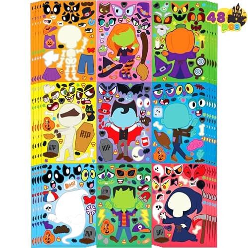 JOYIN 48 Pcs Halloween Make a Face Stickers Halloween Party Favor for Kids Art Craft Party Supplies Classroom Activities Games Goodies Sticker Sheets with Witch Vampire Designs