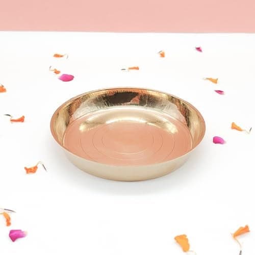 TORPPEZA Brass plain Design heavy plate for store kumkum, haldi, akshat, prashad/heavy small thali for pooja purpose round shape plate (Size - 14.3cm) Pack of 1