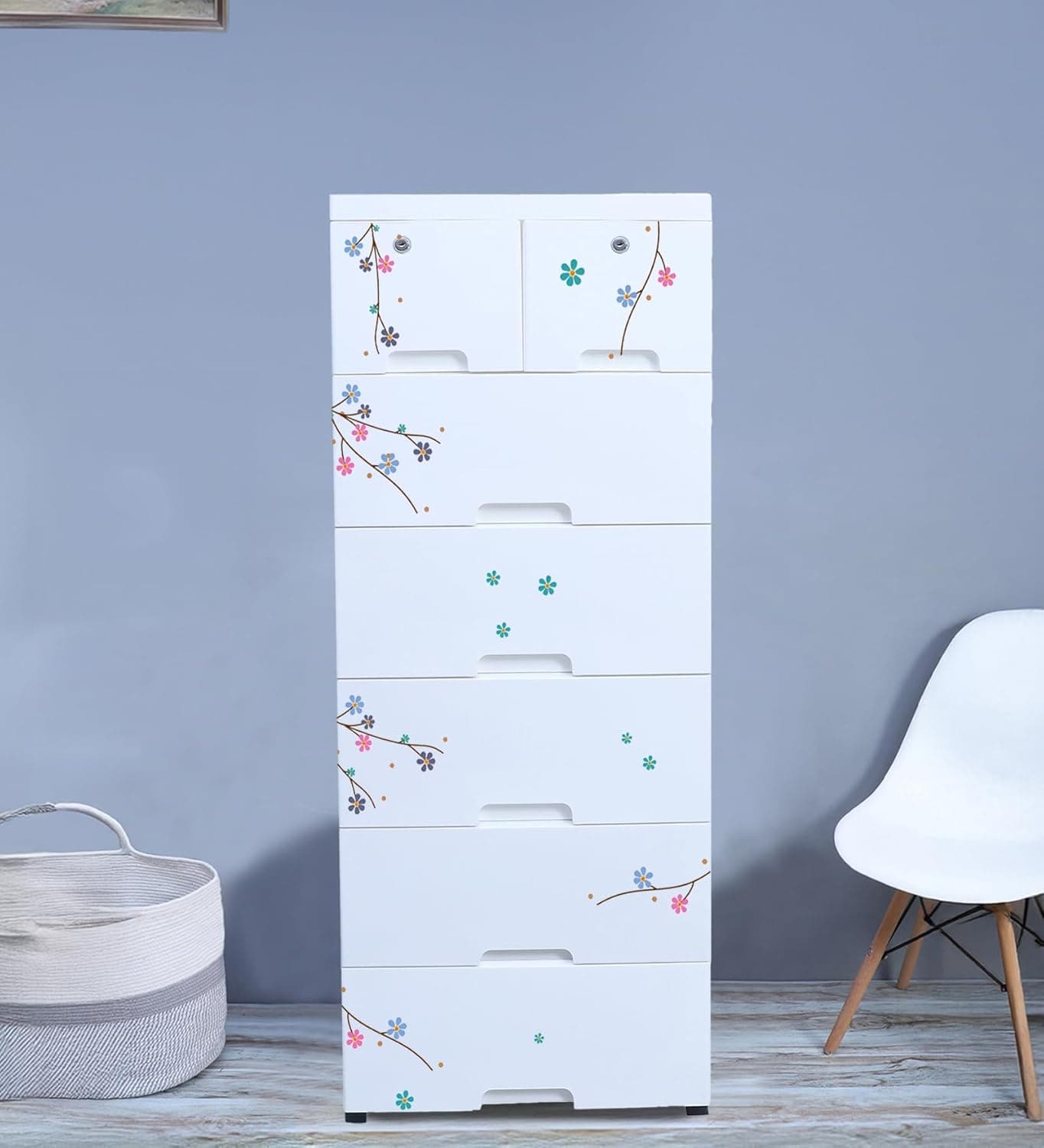 The Tickle Toe Plastic Chest of Drawer for Kids with 7 Drawers Multipurpose Organizer Kids Wardrobe Dresser Storage for Small Clothing Toys with 2 Locks 44Lx285Wx98H Cm White Flower Print