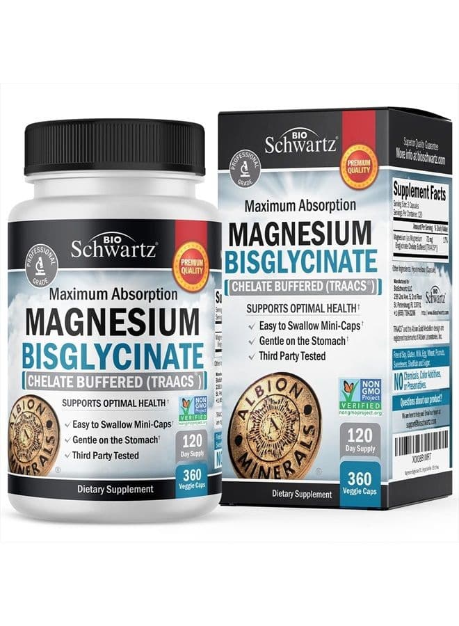 Magnesium Bisglycinate 100% Chelate No-Laxative Effect - Maximum Absorption & Bioavailability, Fully Reacted & Buffered - Healthy Energy Muscle Bone & Joint Support - Non-GMO Project Verified - 360 ct