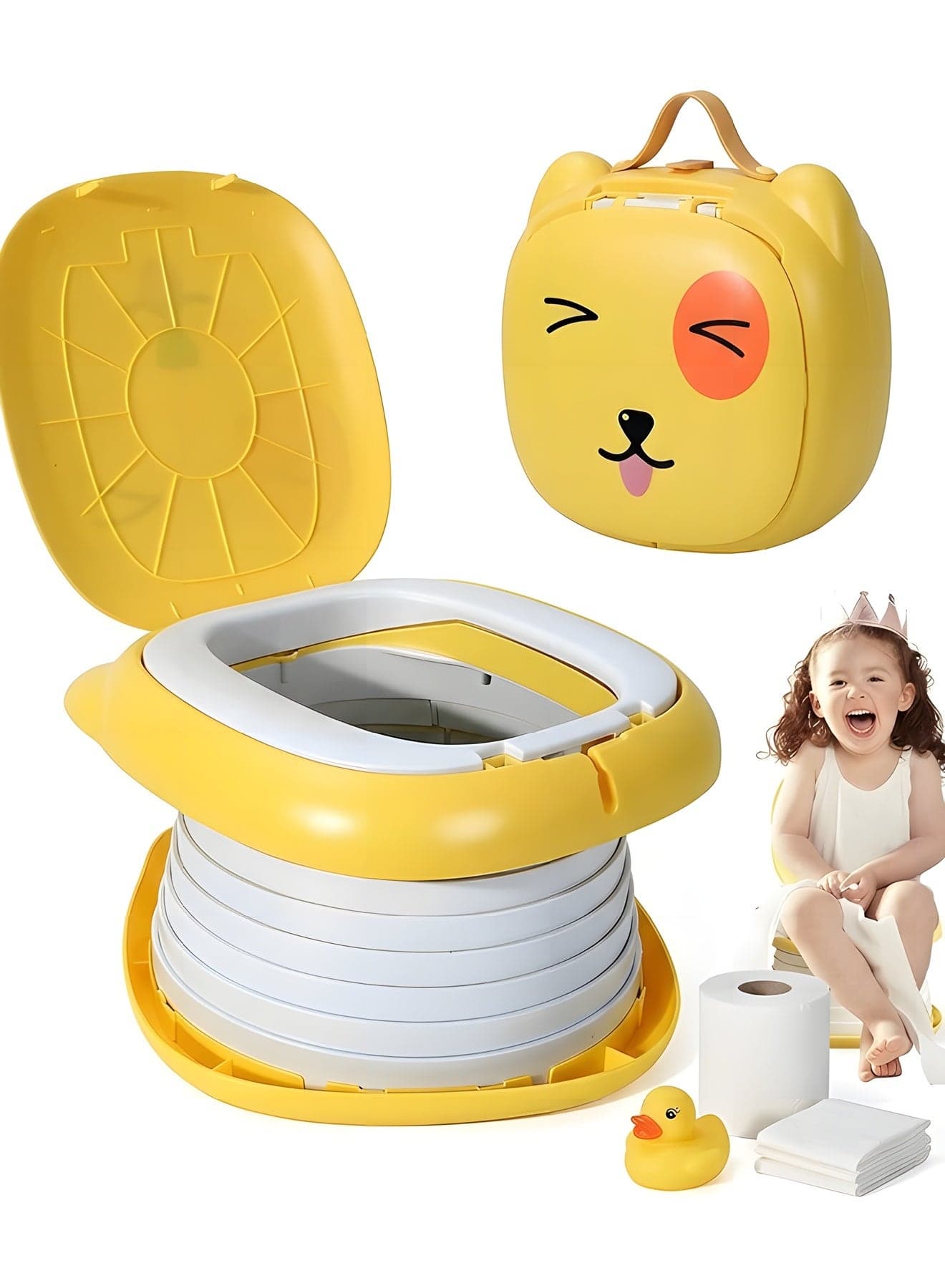 Portable Potty for Kids Foldable Travel Toilet Training Seat,Potty Training Toilet for Toddler Boys and Girls with Storage Bag,Potty Training Toilet for Car,Camping,Outdoor,Indoor(Yellow)