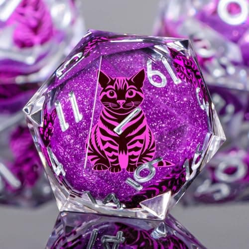 KERWELLSI Cat Liquid Core DND Dice Set with Gift Box 7Pcs Resin Dungeons Sharp Edge DD Dice Dragons D and D Role Playing Dice D20 D12 D10 D8 D6 D4 Purple