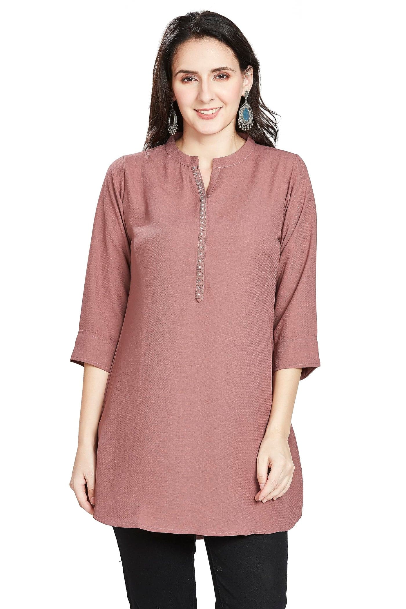 nioni Women's Straight Short Kurti -Tunic, 3/4 Sleeves, Manderian Collar, Hip Length, for Woman & Girl (10783_Onion_XL)