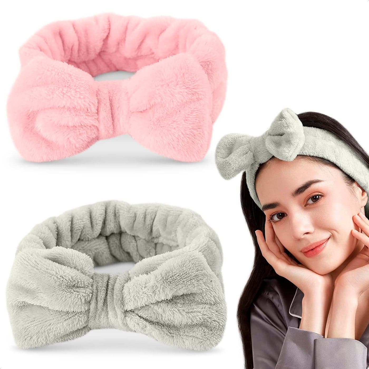 LEGLO 2Pcs Hairband for Women Bow Headbands for Womens Hair Spa Makeup Headband for Washing Face Cosmetic Headband Shower Hair Bands for Gym Pink Gray