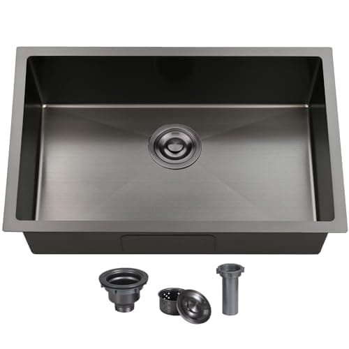 Ufaucet 28 Inch Undermount Kitchen Sink Black, 28x18 Gunmetal Black 16 Gauge Stainless Steel Single Bowl Under Mount Commercial Kitchen Sinks 9 Inch Deep Includes Drain