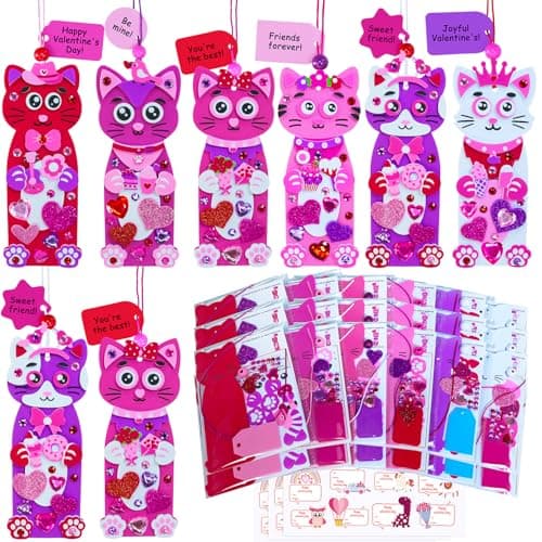 Winlyn 24 Sets Valentines Day Cat Ornaments Decorations DIY Valentine Kitten Craft Kits Foam Bookmark with Heart Cat Valentine Stickers for Kids School Classroom Activities Party Favors Gift Exchange