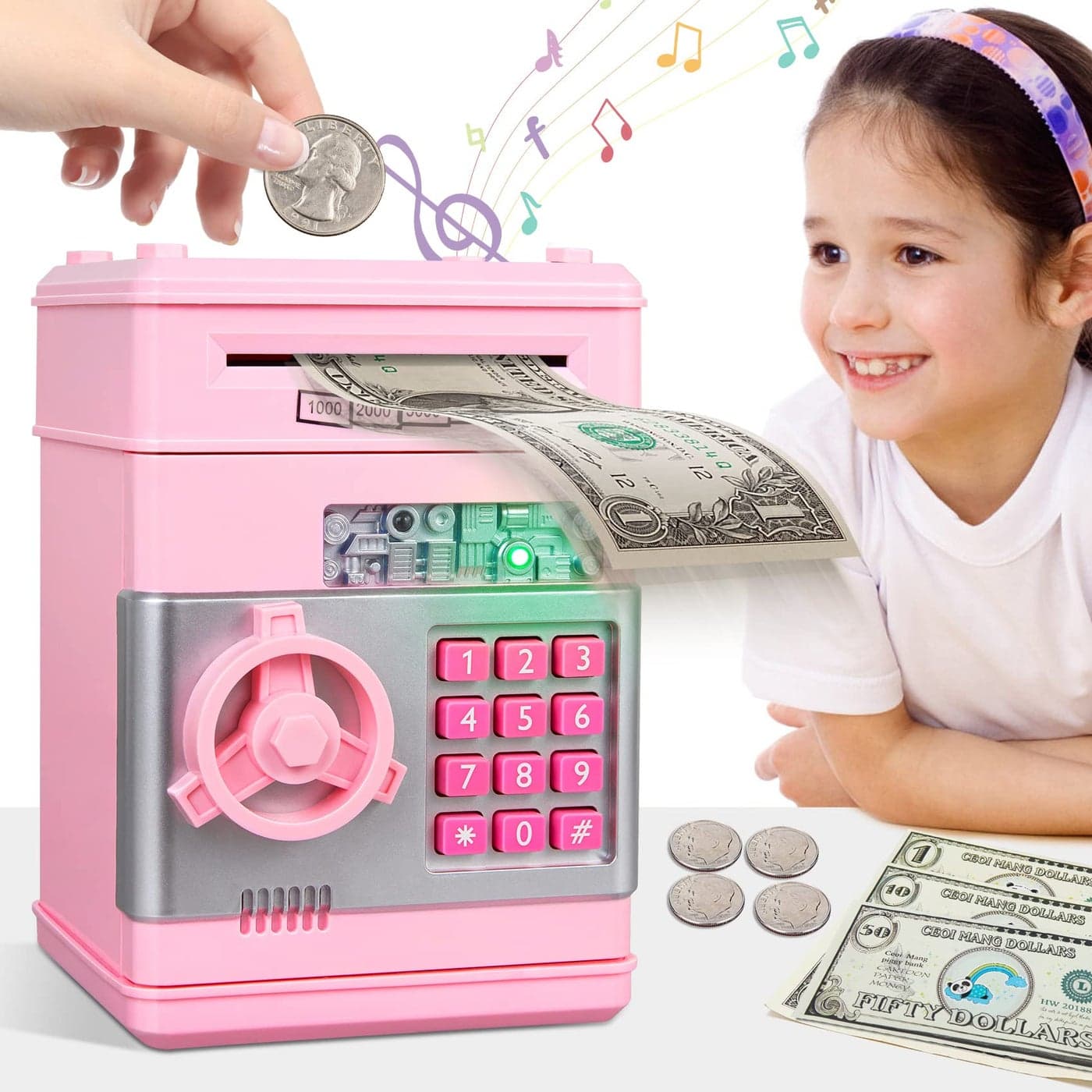 Kids Piggy Bank for Girls Toys for 5 6 7 8 9 10 Year Old Girl Birthday Gifts Electronic Piggy Bank ATM Machine Money Safe for Kids Toys Age 6810