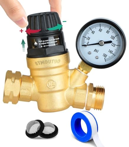 STMOUTUO RV Water Pressure Regulator for RV Camper Brass LeadFree Adjustable Camper Water Pressure Regulator with 0160 PSI Gauge Reducer Valve W FilterPackage includes 1 raw tape for water pipes