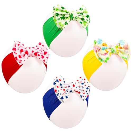 JATEBI 4 Pcs 6 Holiday Baby Bows Headbands for Newborn Infant Toddler Soft Stretchy Nylon Hair Bands Holiday Hair Accessories for Valentines Day St Patricks Day Easter 4th of July