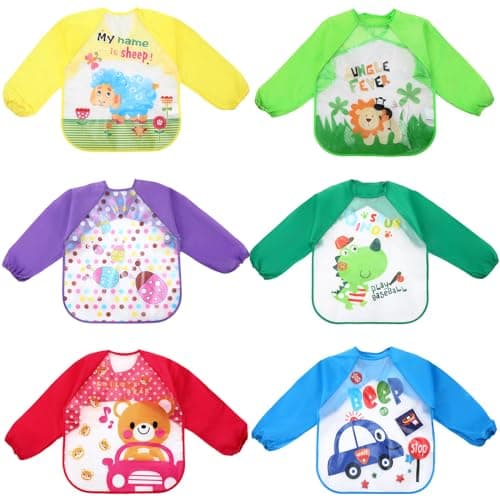 JaGely 6 Pcs Kids Art Smocks Toddler Smock Waterproof Painting Aprons Children Apron with Long Sleeve Washable Bib for Baby Eating (Vivid)
