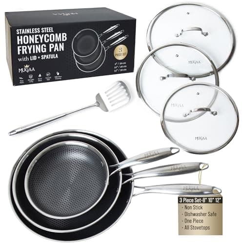 MUGAA Honeycomb Stainless Steel Nonstick Frying Pan Set - with Lids and Spatula - 8 10 12 Inch Hybrid Pan - Induction Compatible - PFOA-Free - Oven Safe - Dishwasher Safe Skillet