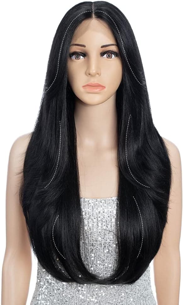 FASHION IDOL Wig for Women Synthetic Lace Front Door Curtain Bangs in the Split Lace Hair Stitching Layered Color Wig
