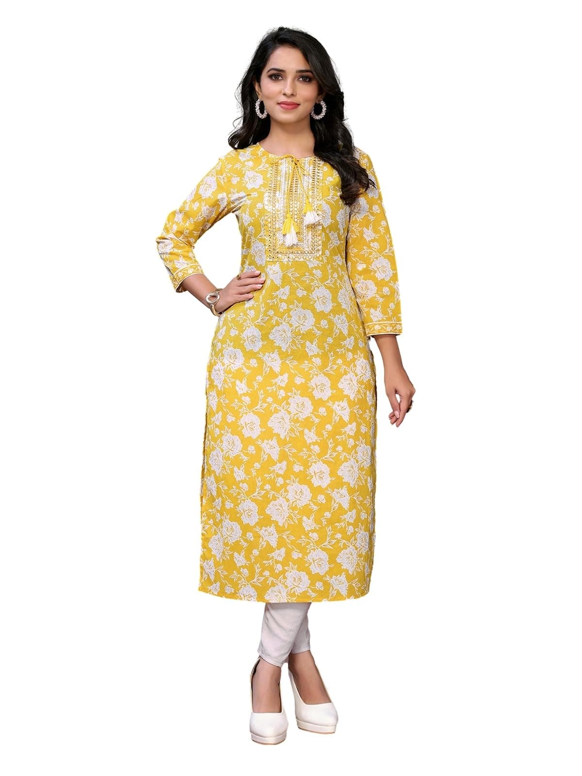 rangita Yellow Cotton Calf Length Embroidered Straight Kurti | Kurta for Women_L