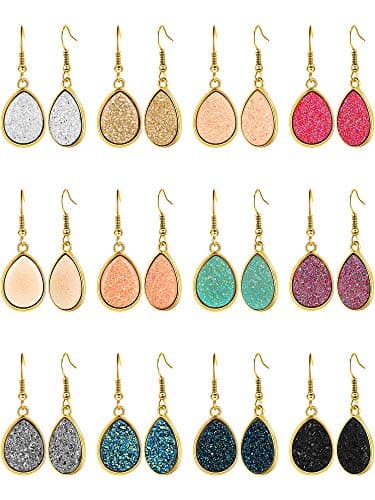 Hicarer 12 Pairs Faux Druzy Drop Earrings Crystal Pendant Dangle Multicolor Stainless Steel Earrings for Women