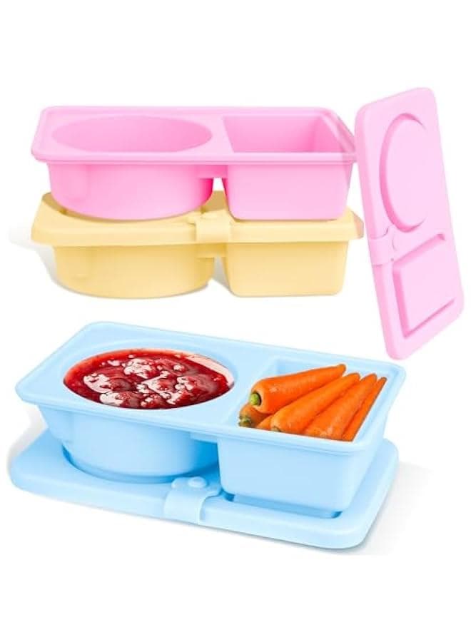 3 Pack Silicone Reusable Snack Containers with Lids, Double Compartment Snackle Box Containers, Salad Dressing Sauce Seasoning Container, Small Mini Food Snack Boxs for Travel, Office, Picnic