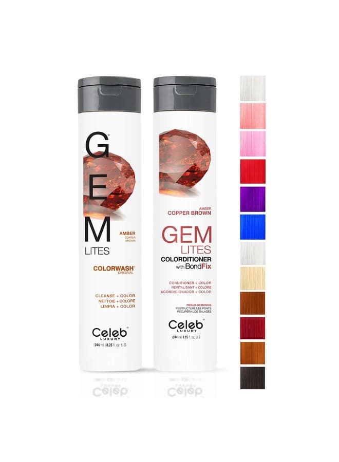Gem Lites Duo Color Depositing Colorwash Shampoo & Conditioner Set + Bondfix Bond Rebuilder, Semi Permanent Hair Color, Vegan Hair Dye, Amber Copper Brown