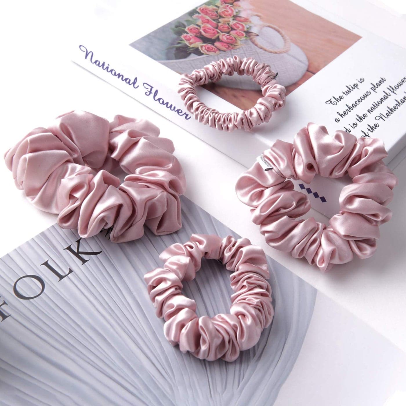 MTSNOO 100 Pure 22 Momme Mulberry Silk Scrunchies for Hair Sleep 4 Pack for Women Girls Rosy Pink