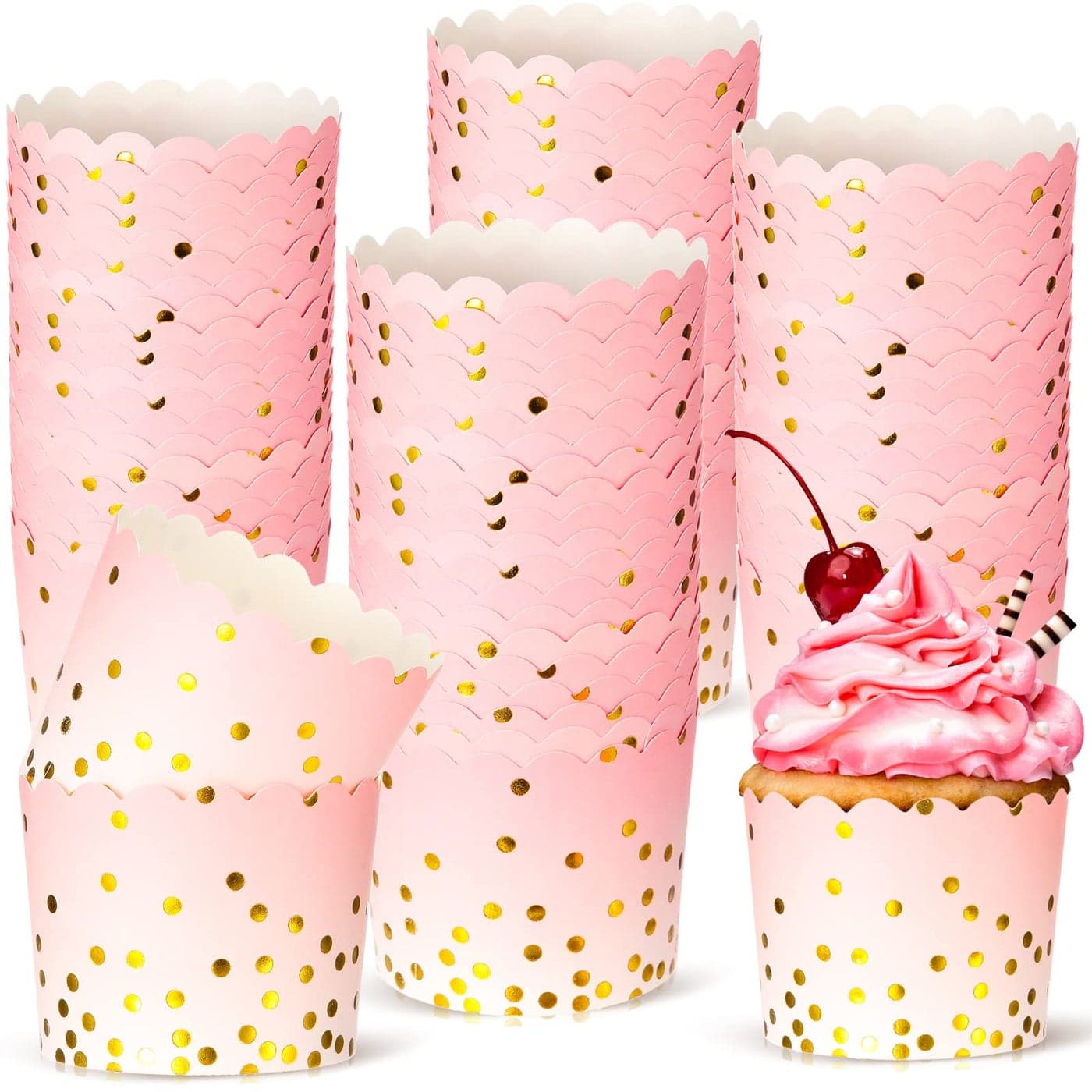100 Pcs Pink Cupcake Liners 45 oz Gold Polka Dot Paper Baking Cups for Muffins Desserts Bake Easter Baby Showers Wedding and Birthday Party