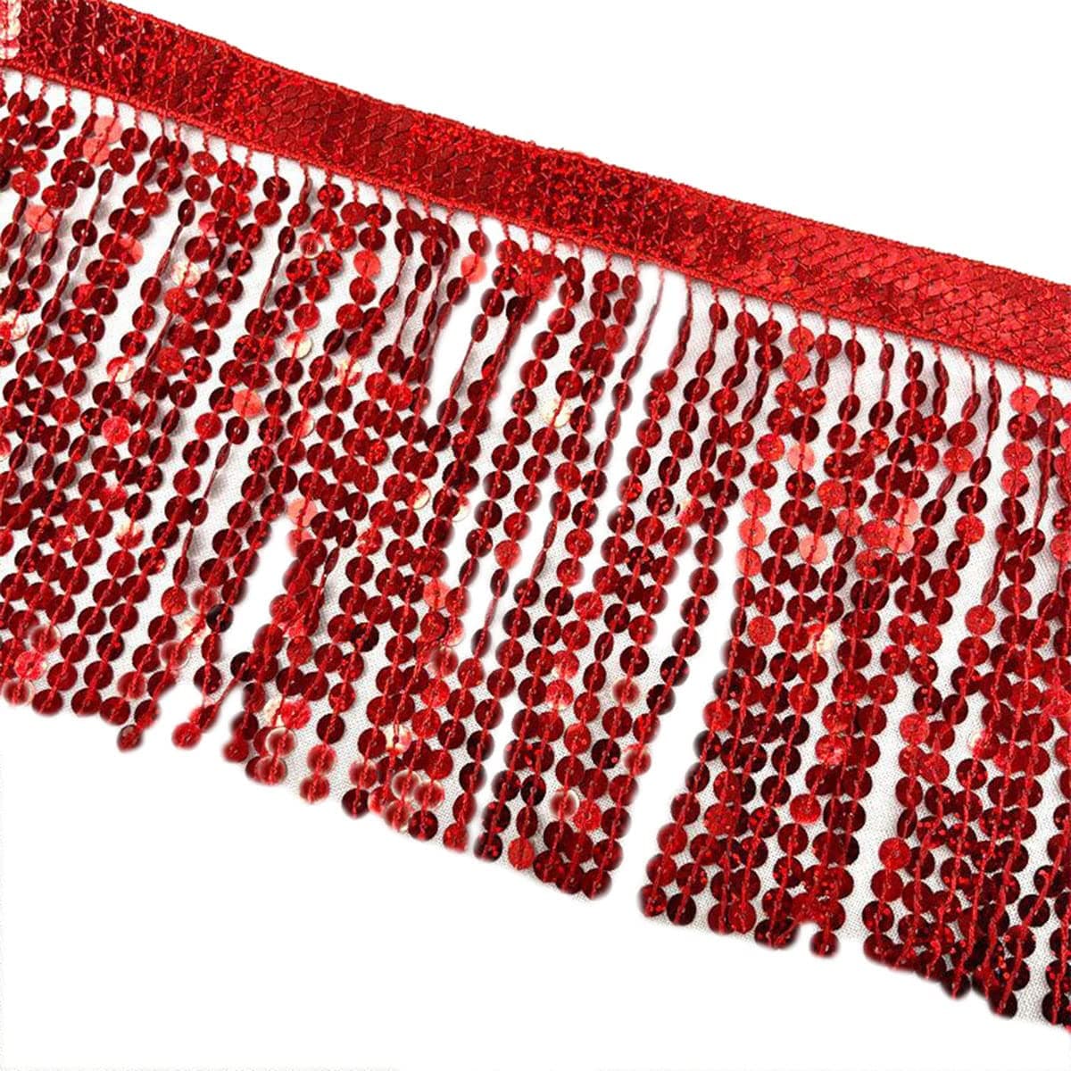 LauthenS 98 Yards Sequins Fringe Trim 6 Inch Sequin Tassels Sewing Trim for DIY Craft Latin Dress Clothing Embellishment Red