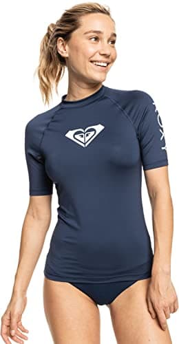 Roxy Women's Whole Hearted Short Sleeve Rashguard – UPF 50+ Sun Protection Quick Dry Swim Shirt for Surfing and Outdoor Activities, Mood Indigo 22, X-Small
