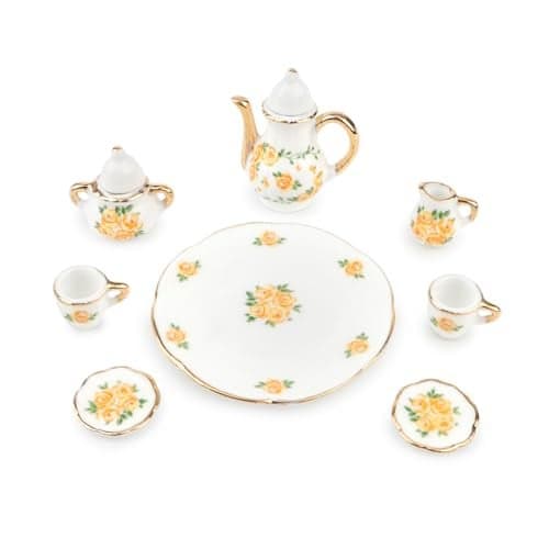 Dollhouse 16 Porcelain Tea Cup Sets 8 Pcs Set Miniature Ceramics Dollhouse Accessories Flower Pattern Teapot Platter Dish Sets Dollhouse Kitchen Supplies Decoration Yellow