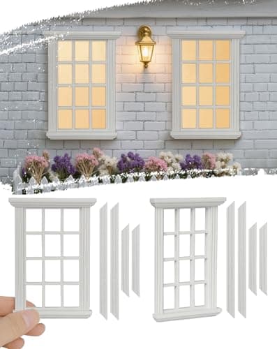 iLAND 112 Scale Accessories of Dollhouse Windows 2pcs White Solid Wood DIY Dollhouse Building Supplies Complete Classic Miniature Windows Kit wWooden Frame Acrylic Panel