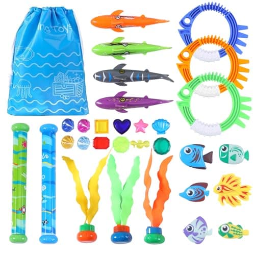 30 Packs Summer Pool Diving Swimming Essentials Toys for Kids Fun Swim Games Sinking Set Underwater Dive Gifts with Storage Bag Include Torpedo Gems Shark Rings Sea Animals for Boys Girls Toddlers