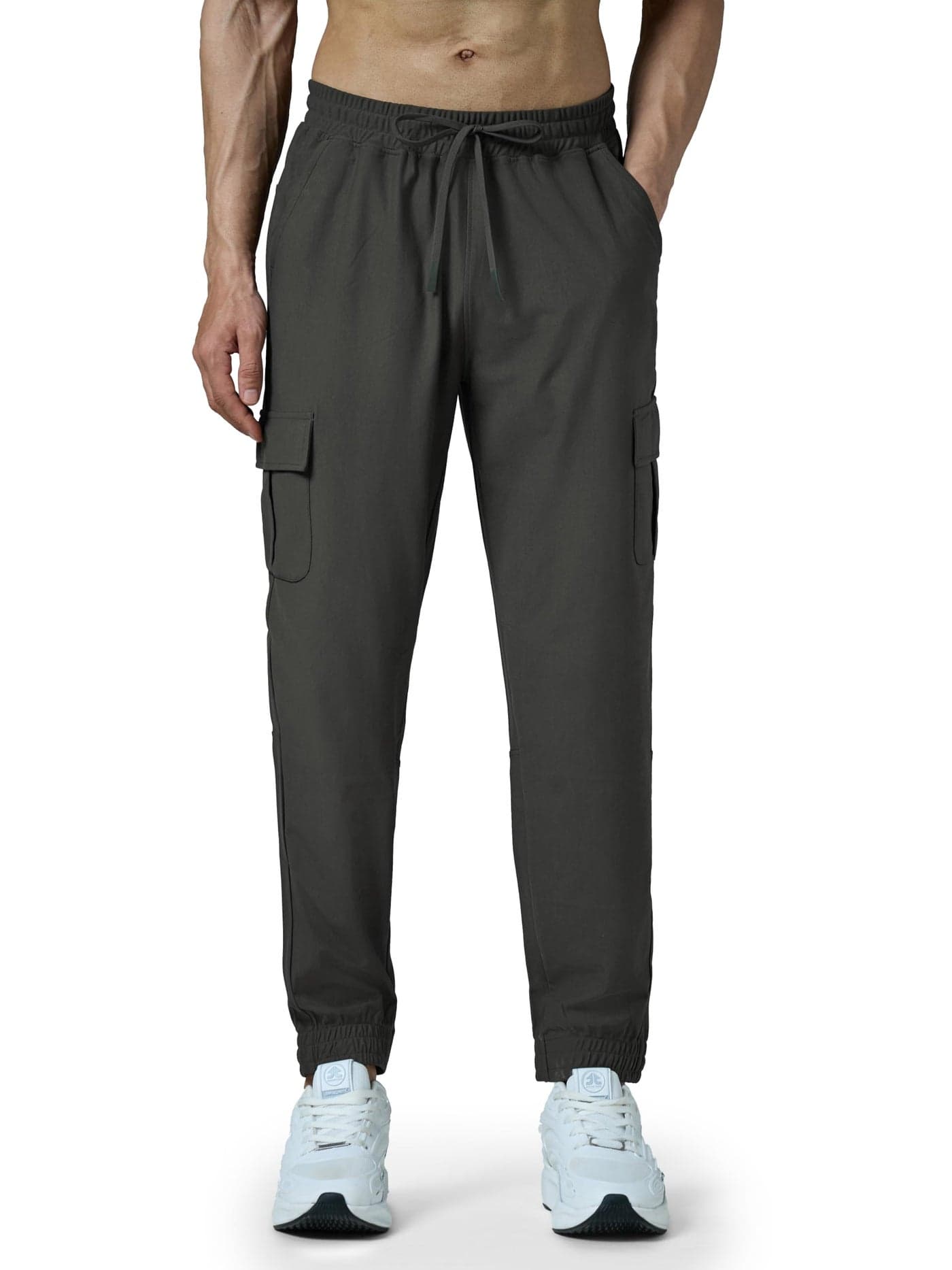 TECHNOSPORT Mens Slim Fit Sports Cargo Joggers with Duracool+ for Gym, Workout & Sports - (MPP735BOE_Black Olive_L)